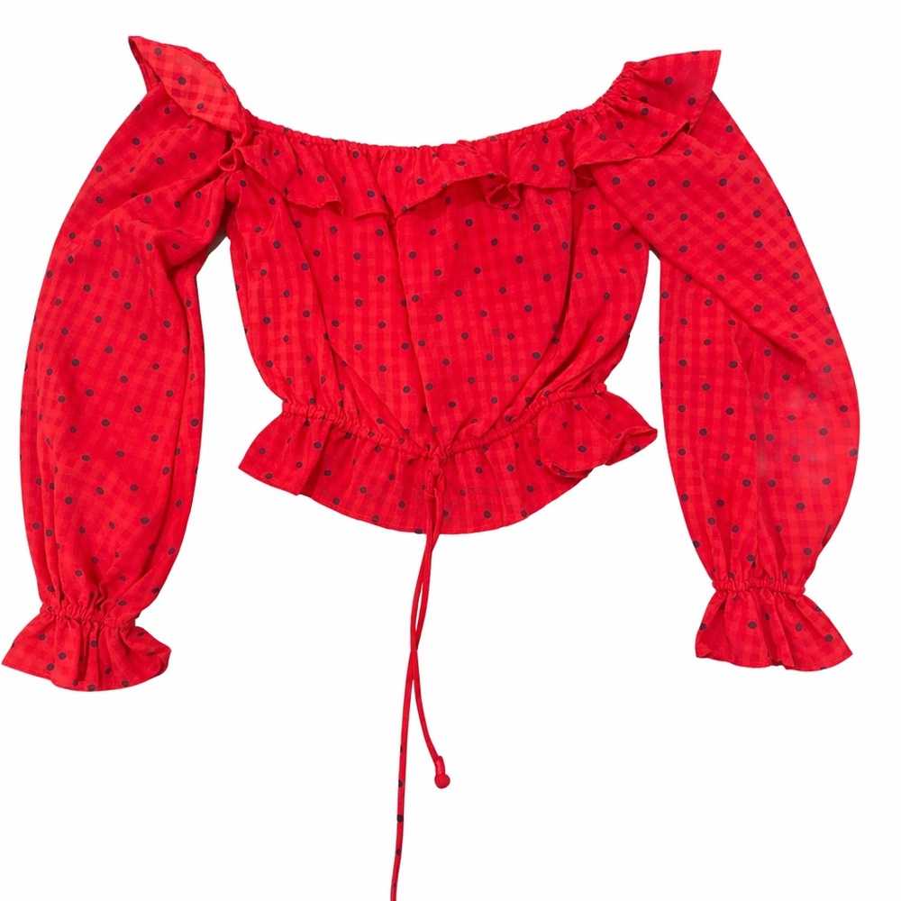 Tularosa Red Off-Shoulder Ruffle Crop Top with Navy Dot Print